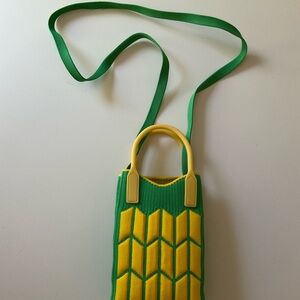 NEW Knit Fabric Small Crossbody Bag Rubber Handles Geometric Grass Green Yellow
